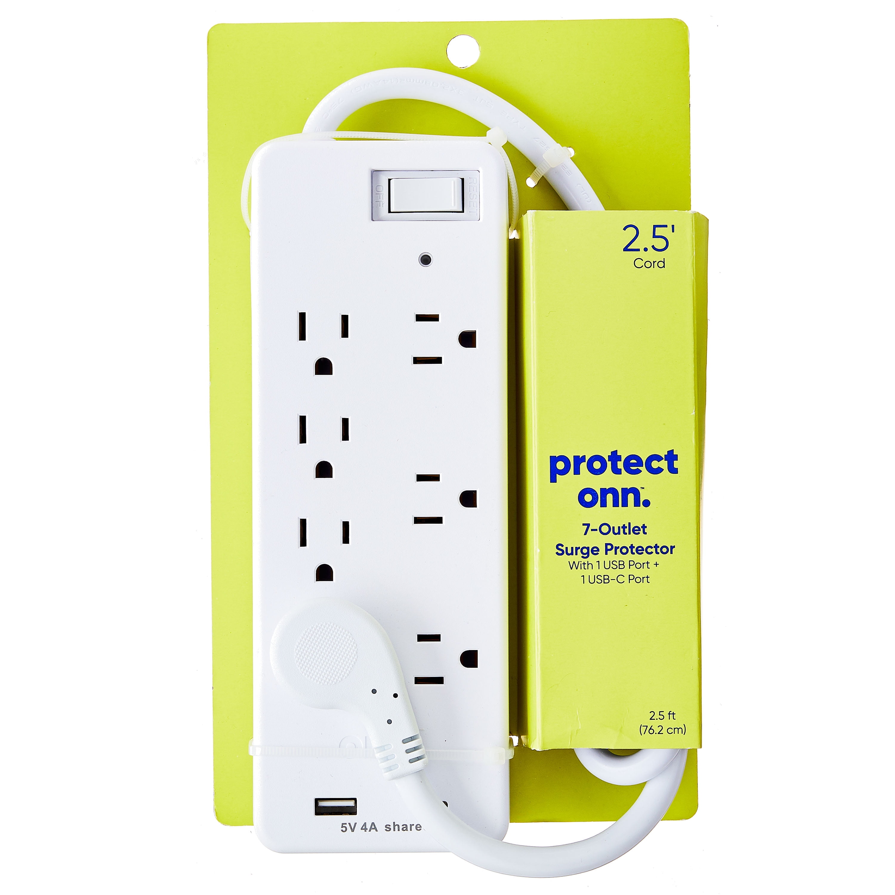 onn 7-Outlet Surge Protector with 1 USB Port, and 1 USB-C Port, and 2.5' Power Cord, White