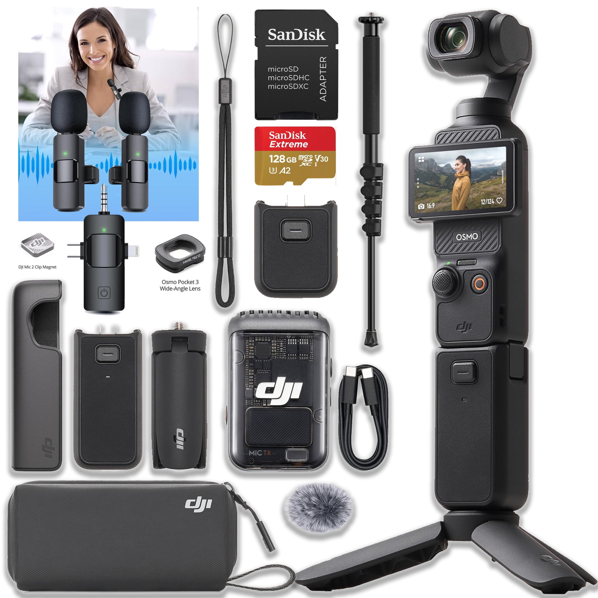 DJI Osmo Pocket 3 Creator Combo Bundle with Clip-On Transmitter/Recorder, Wide Angle Lens, Battery Handle, Mini Tripod, Carrying Bag + 128GB Micro SD Card, 3 in 1 Microphone, Monopo