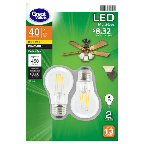 Great Value Led Light Bulb 5 Watts 40w Eqv A15 Ceiling Fan Lamp E26 Base Dimmable Soft White 2 Pack Clear Com - Do Ceiling Fans Require Special Light Bulbs