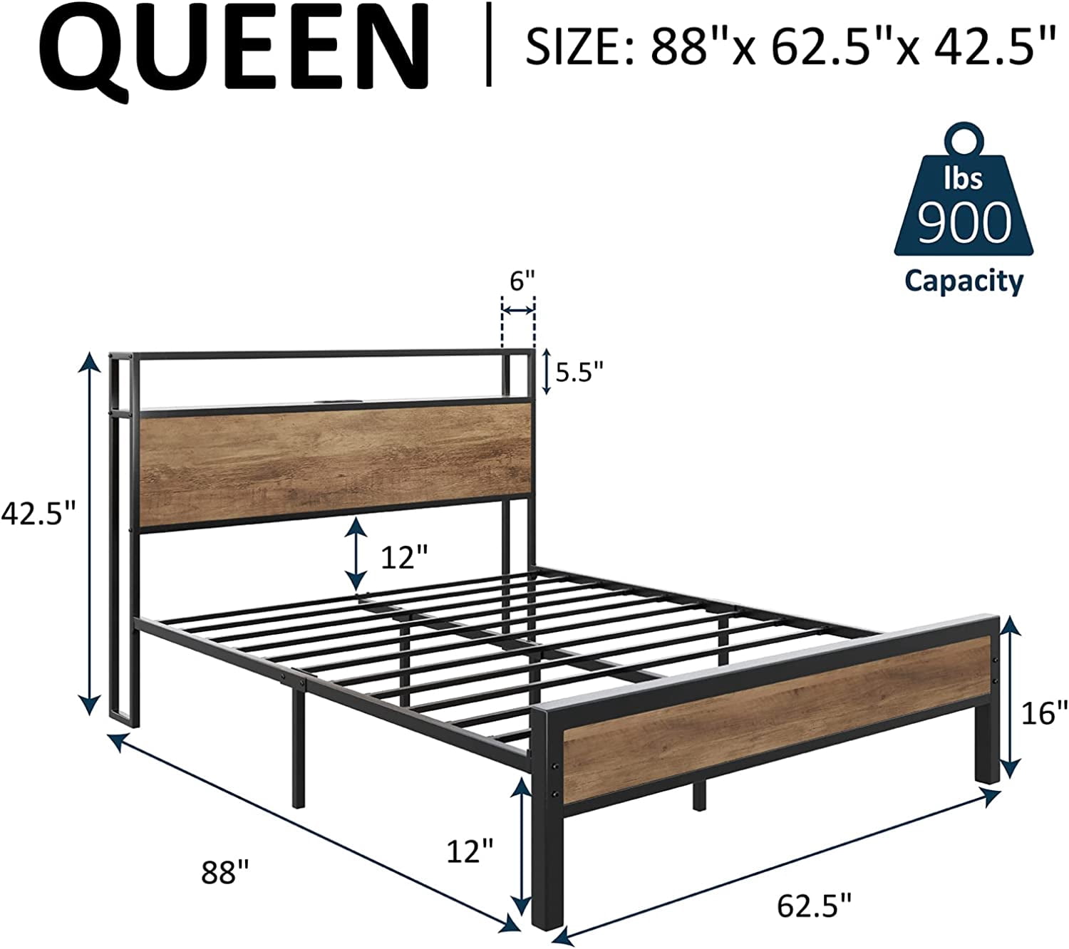 VANACC Queen Size Bed Frame Industrial Platform Bed with Charging Station, 2-Tier Storage Headboard/ No Box Spring Needed/ Noise-Free/ Rustic Brown
