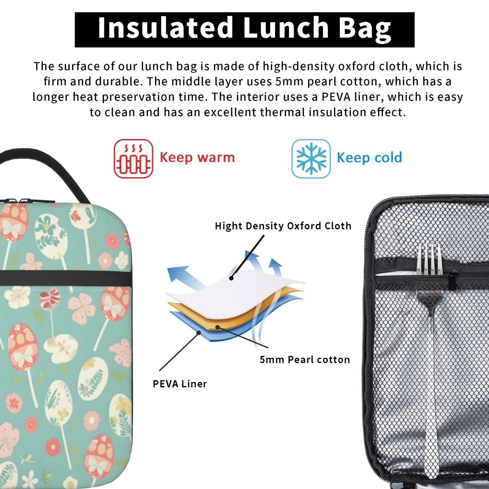 Lunch Bag For Women Men Insulated Portable Lunch Box Bento Box Office Picnic Travel Cooler Bag Pastel Easter Eggs