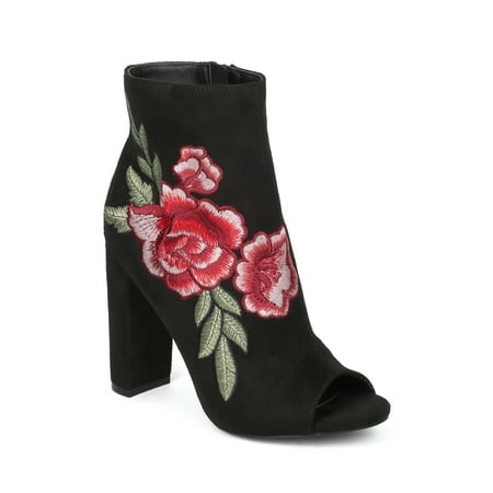 - New Women Wild Diva Morris-03C Peep Toe Rose Embroidered Chunky Heel Bootie