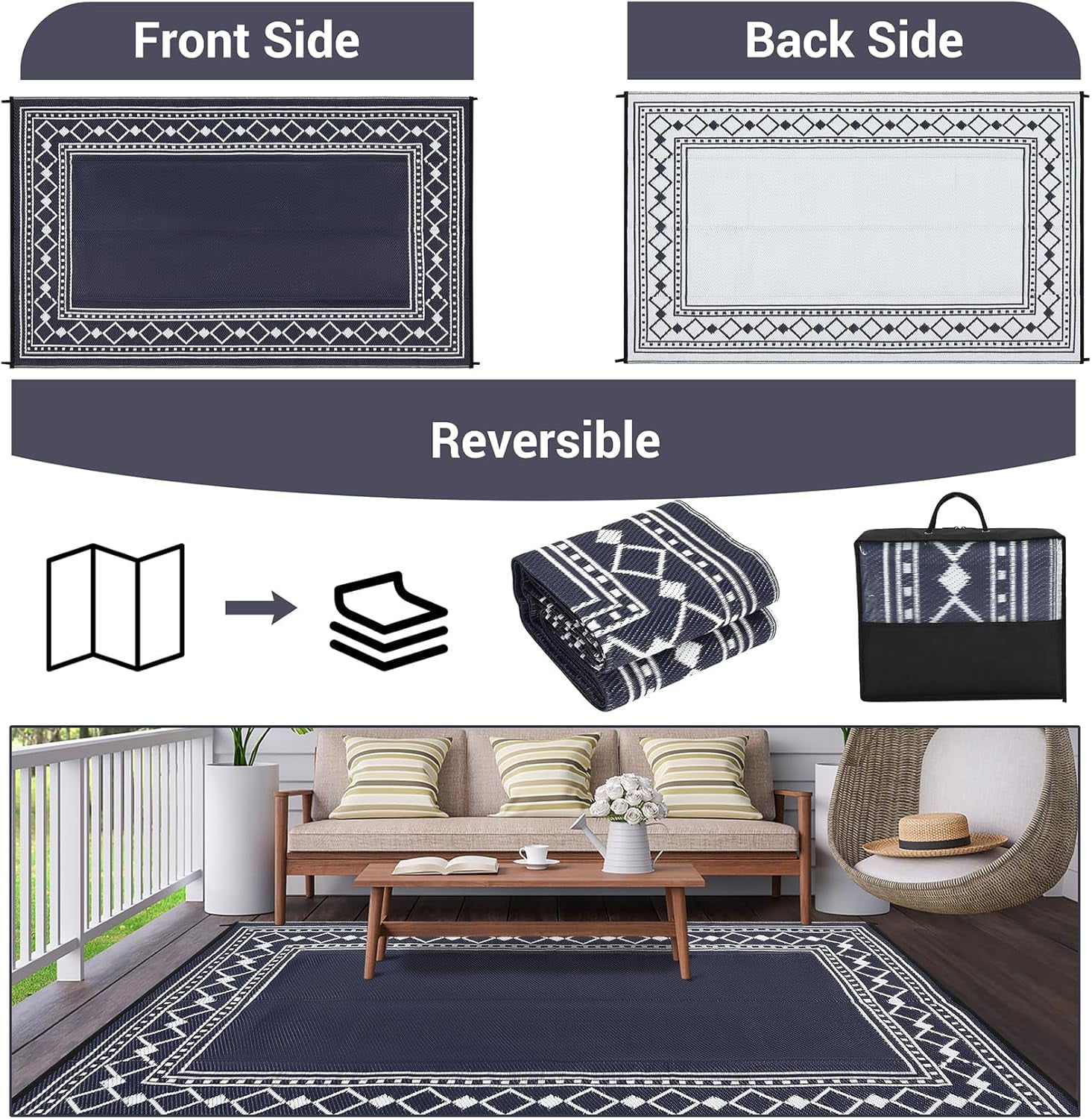 Funslane 10' x 14' Waterproof Outdoor Rug, Reversible Plastic Straw Patio Mat, Easy to Clean & Portable, for Deck, RV, Camping & Balcony, Navy/White