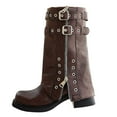 thumbnail image 3 of Juebong Women's Fold Over Boots Belt Buckle Slouchy Wide Calf Boots Chunky Block Heel Mid Calf Boots with Side Zipper Coffee,42, 3 of 7