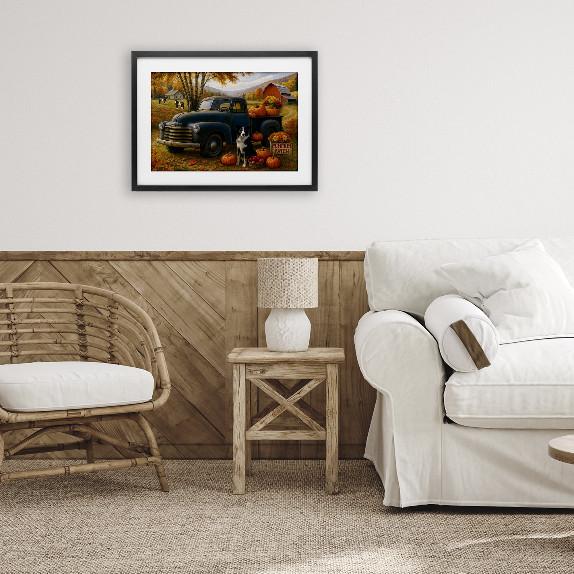 Autumnal Farmland Collie Dog Black Framed Print Under Glass, design by Tom Crehan