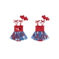 thumbnail image 2 of BemeyourBBs Toddler Baby Girl 4th Of July Outfit Summer Smocked Romper Dress Patriotic Clothes Letter Embroidery Star Print Sleeveless Tie Strap Jumpsuit Playsuit Tutu Dress with Headband, 2 of 9