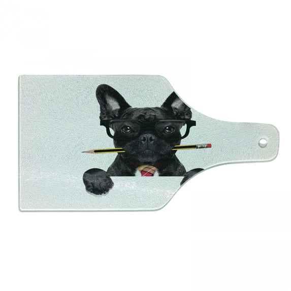 Bulldog Cutting Board, Businessman Black Dog with Glasses and Pencil in His Mouth Office Manager Boss, Decorative Tempered Glass Cutting and Serving Board, in 3 Sizes, by Ambesonne