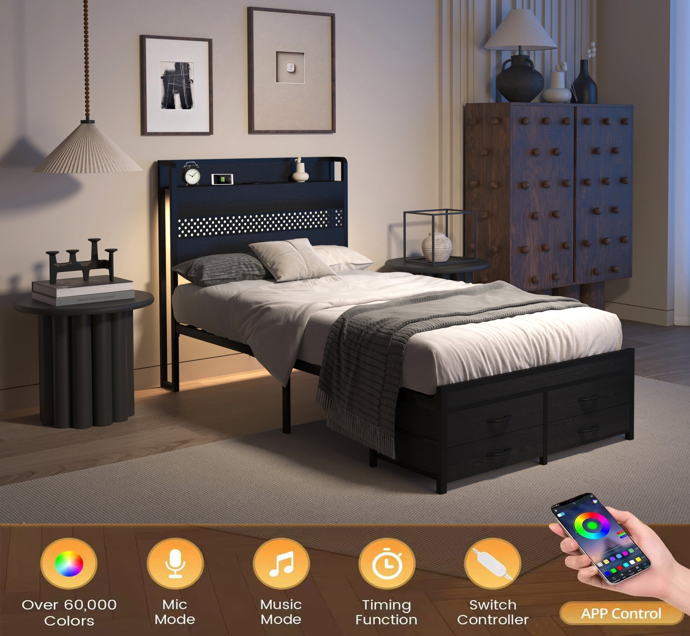 Yoneston Twin Size Kids RGB LED Platform Bed Frames with Storage Headboard, USB Charging Station and 4 Footboard Drawers for Teens Child, Black