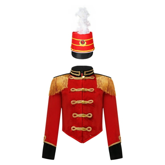 Venjoe Veste de Maître de Piste de Cirque pour Filles Enfants Manteau en Velours à Franges avec Chapeau Ensembles d'Uniforme de Fanfare Rouge 14