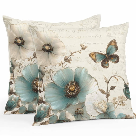 Turquoise Tulip Throw Pillow Covers 26x26 Inch Set of 2, Spring Vintage Botanical Butterfly Floral Waterproof Outdoor Pillow Covers, Decorative Cushion Pillowcases for Couch, Sofa, Bed, Garden, Patio