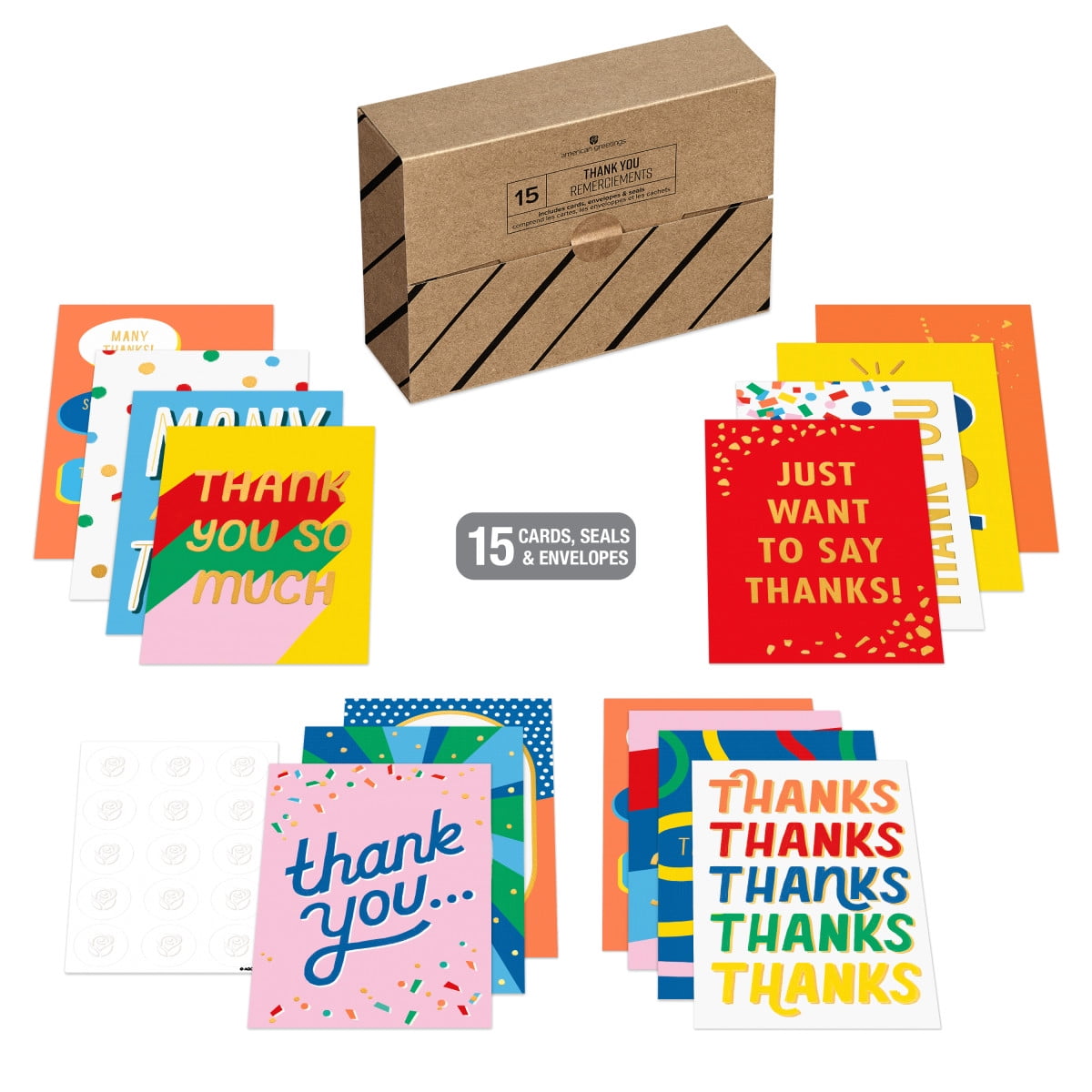 American Greetings - Assortiment de 15 cartes de remerciements avec enveloppes et cachets (Gros merci)