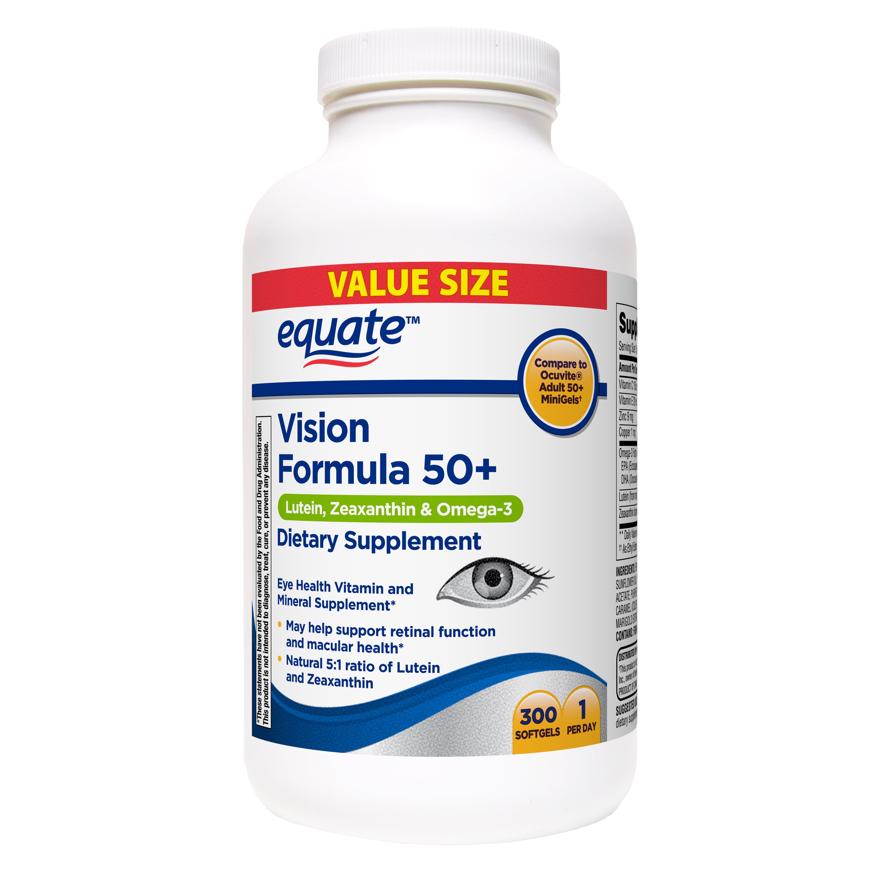 Equate Vision Formula 50+ Softgels Dietary Supplement Value Size, 300 Count