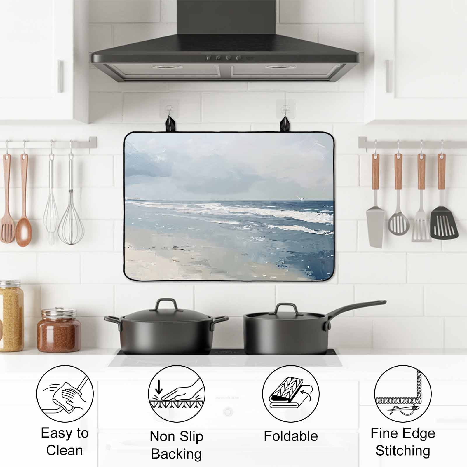 Blue Coastal Stove Top Cover for Electric Stove, Heat-proof & Non Slip Glass Top Stove Cover Protector, Seaside Summer Beach Nautical Kitchen Flat Cooktop Rubber Mat 24x21 Inches