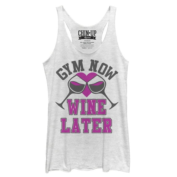 Women's CHIN UP Gym Now Wine Later  Racerback Tank Top White Heather Large