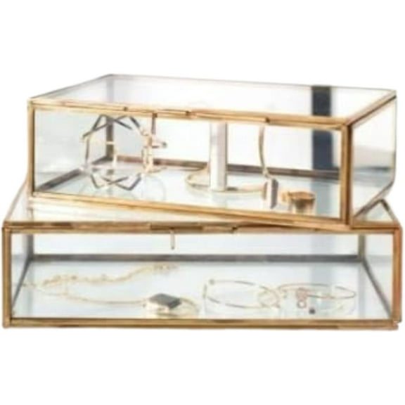 Vintage Rectangular Brass Glass Box Multiutility Purpose Jewelry Organizer Wedding Bridal Party Gift, Transparent