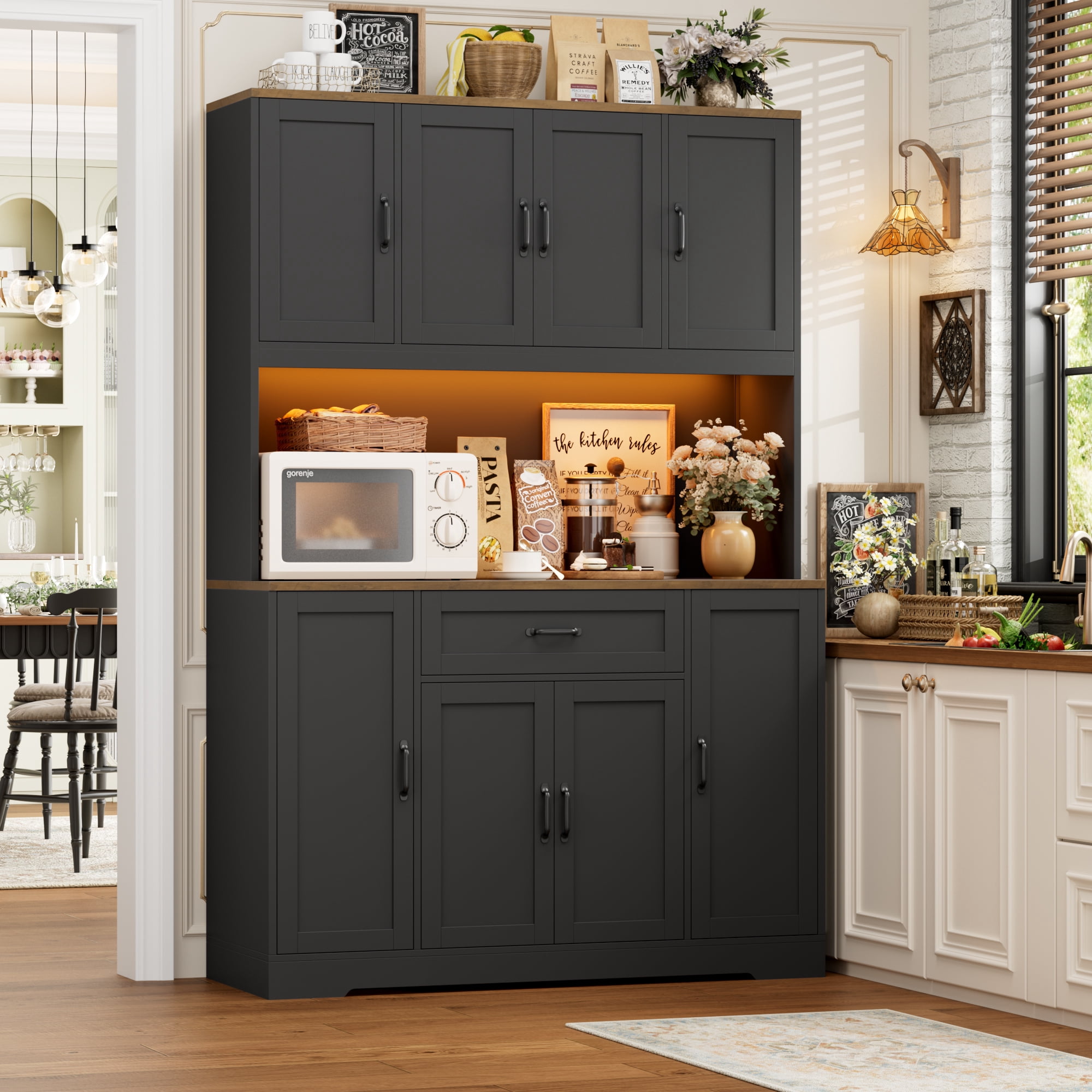 Homfa 70'' Tall Kitchen Pantry Cabinet with Charge Station & Led Light, 8 Door Hutch Storage Cabinet with Storage Drawer & Adjustable Shelves & Microwave Stand, Black