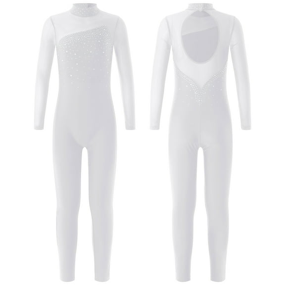 YONGHS Girls Kids One Piece Dance Unitard Long Sleeve Skating Jumpsuit Gymnastics Bodysuit White 6