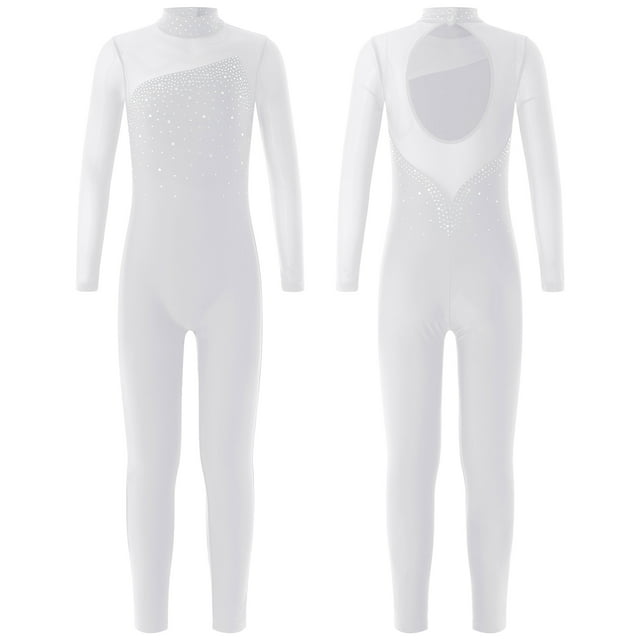 TiaoBug Girls Ice Skating Jumpsuit Rhinestone Mock Neck Competition Figure Skating Dancewear White 10