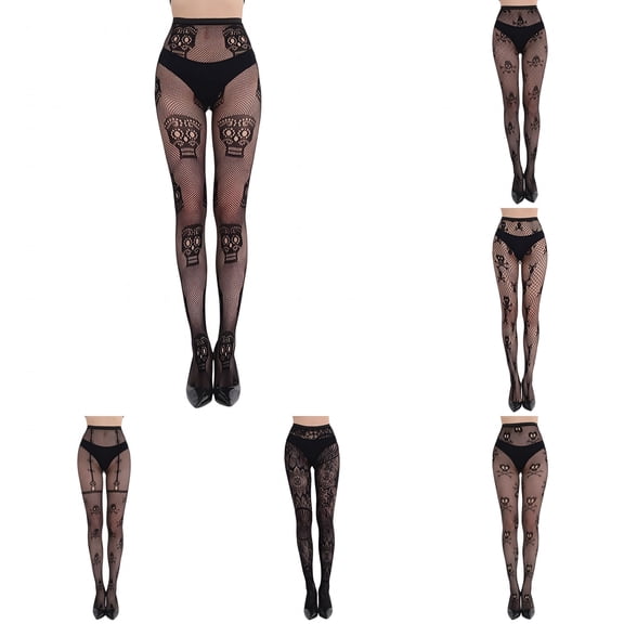 TELOLY 6 Pairs Women'S Halloween Lace Patterned Fishnet Stockings Thigh High Pantyhose Black Tights for Women