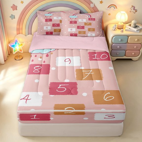 Manfei Hopscotch Number Zipper Twin Comforter Sets with Fitted Sheet and 2 Pillowcases, Rainbow Cloud Zipper Bedding Set, Pink, Pink Reversible, 4 Pieces