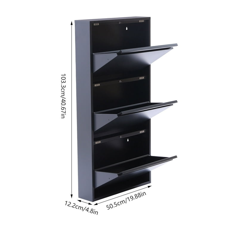Kavey Metal Shoe Cabinet with 3 Flip Drawers, Wall Mount & Floor Mount Shoe  Organizer, All Steel Black Narrow Shoe Storage Cabinet for Entryway,  Hallway and Corridor 