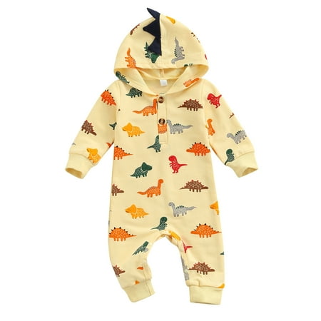

Frobukio Newborn Infant Baby Boys Jumpsuit Cartoon Dinosaur Long Sleeve Hooded Rompers Autumn Spring Clothes Apricot 12-18 Months