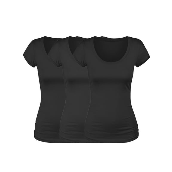 Emmalise Women's Short Sleeve Tshirt Scoop Neck Tee Value Set (3Pk, Bk, Bk, Bk, Large)