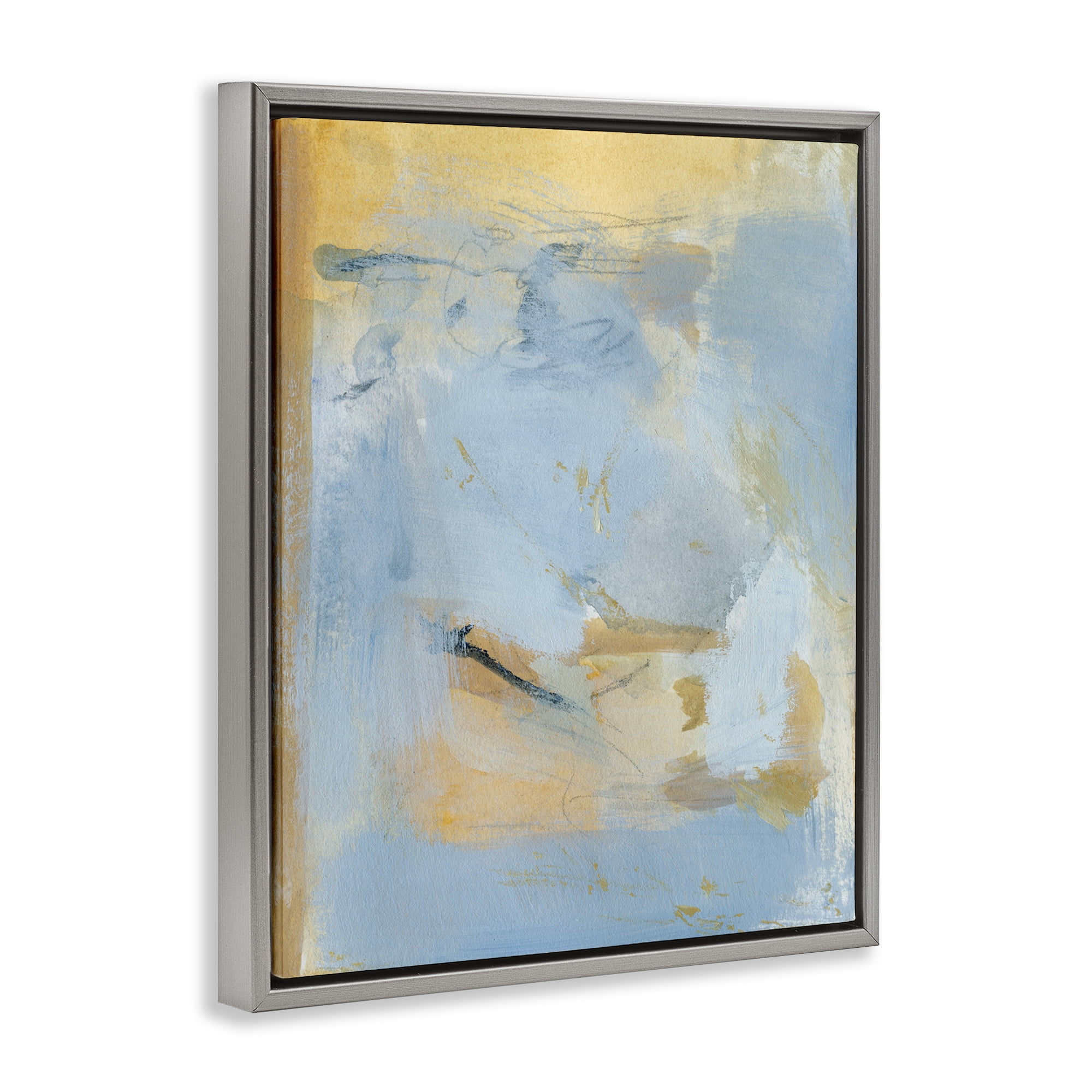 Stupell Industries Blue & Gold Organic Abstract Abstract Painting Gray Floater Framed Canvas Art Print Wall Art, 25 x 31