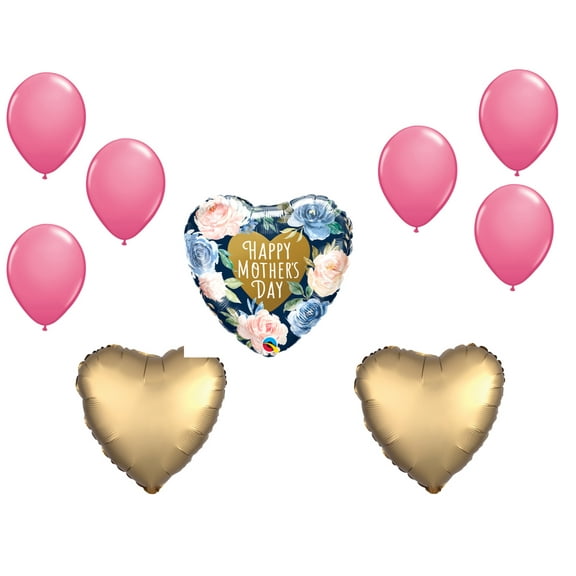 LOONBALLOON Mother's Day Theme Balloon Set, Standard Size Heart Shape 18 inch MOTHER'S DAY PINK BLUE ROSES and 6x Latex Balloons