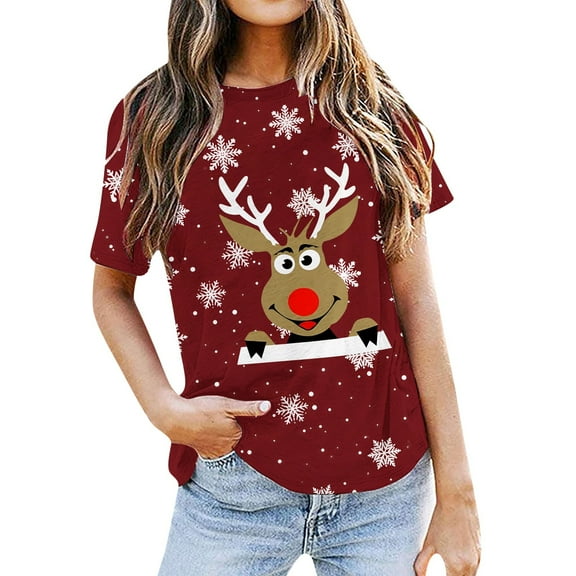 IWRICH Christmas T Shirts Plus Size for Women Round Neck Short Sleeve Tops Holiday Reindeer Printed Loose Casual Tees XL