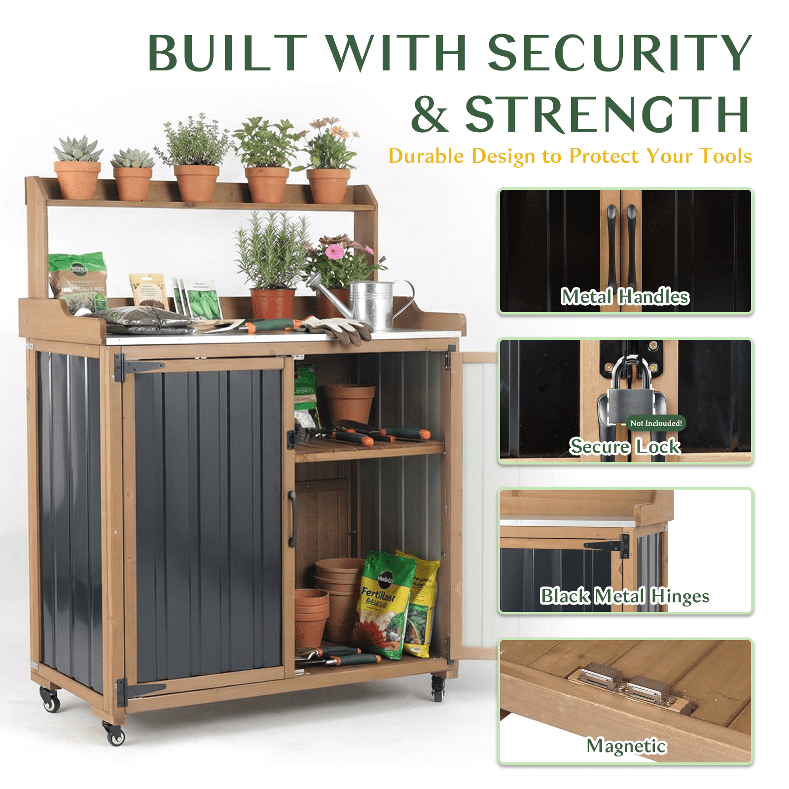 2-in-1 Outdoor Storage Cabinet & Potting Bench, Heavy Duty Metal Top Utility Station for Garden Tools, Easy Assembly