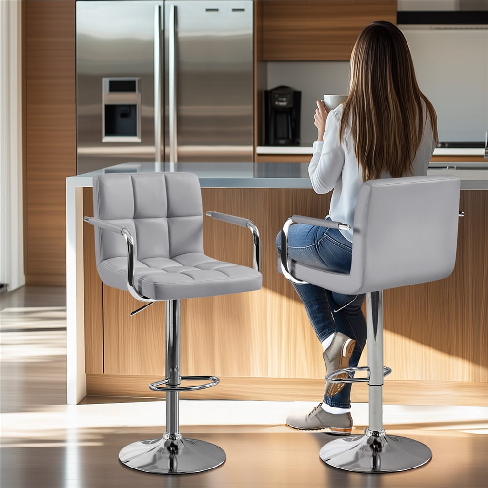 Alden Design Adjustable Swivel Bar Stools Modern Faux Leather Bar Chair Set of 2, Light Grey