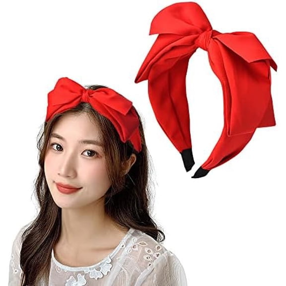 Red Bow Headband with Big Bowknot - Hair Hoop and Top Knot Bow Accessories for Women and Girls