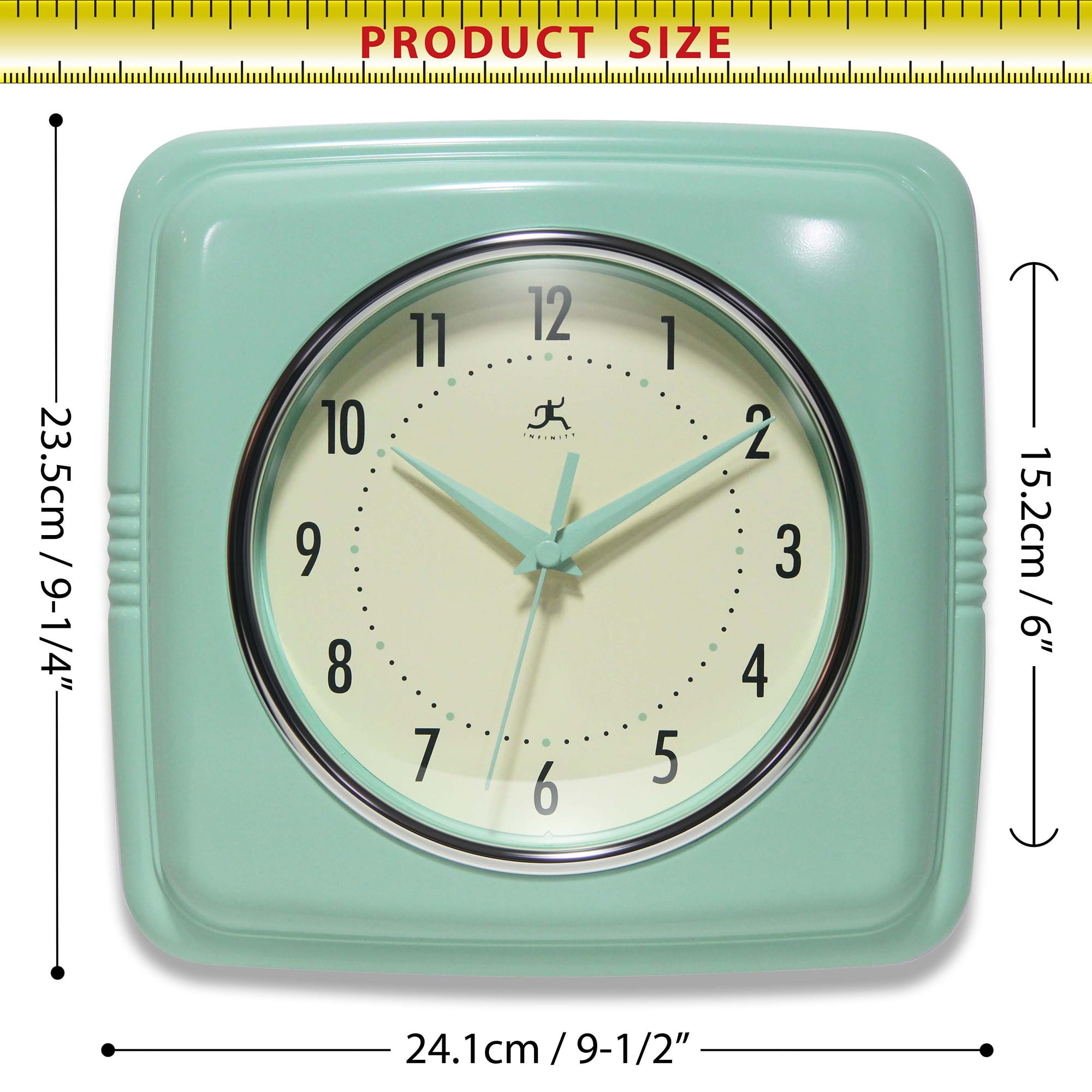 Infinity Instruments Square Retro Wall Clock, Pastel Green, 9.25"