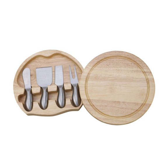 Creative Gifts International  4 Piece Round Wood Cheeseboard with Stainless Steel Handle Utensils