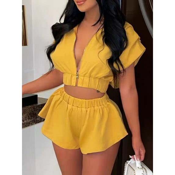 Lovelywholesale Hooded Collar Fold Design Shorts Set