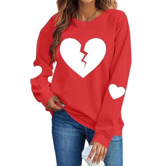 qucoqpe Valentine's Day Long Sleeve Shirts for Women Love Heart Printed Crewneck Pullover Fashion Oversized Sweatshirt for Women