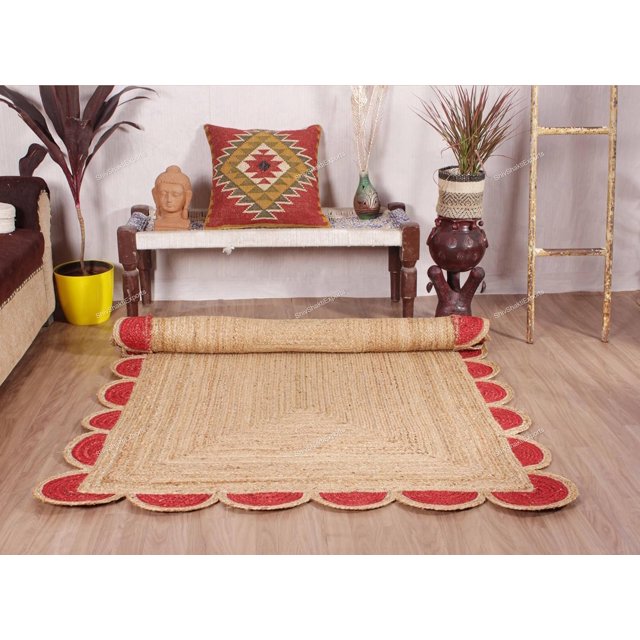 Hand Woven Farmhouse Jute Area Scalloped Rug (Red, 5x8 ft)