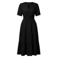 thumbnail image 3 of ClodeEU Women's Summer Jacquard V Neck Short Sleeve Dress ,Solid Color Casual Midi Dress Black,Women's Plus L, 3 of 6