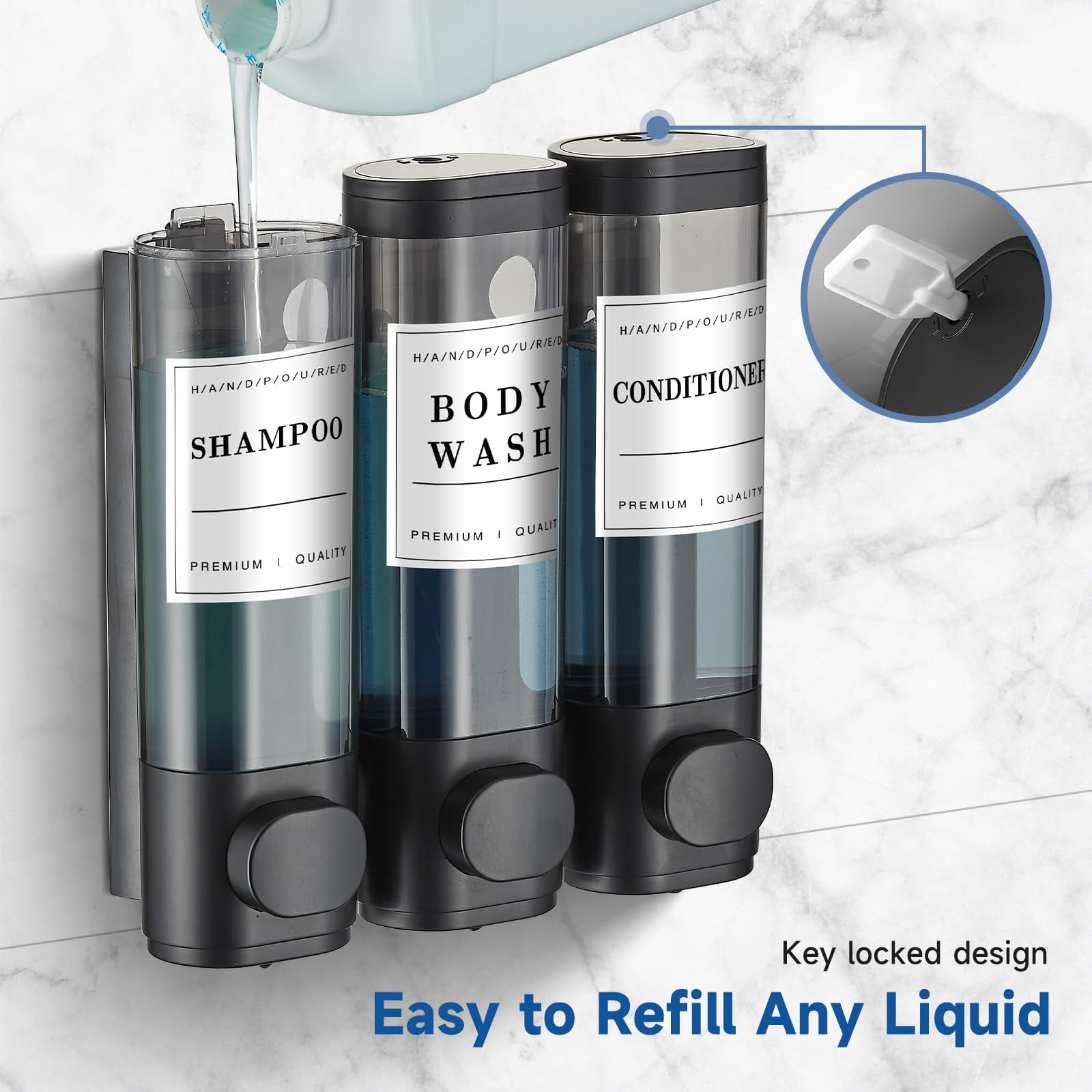 Shampoo and Conditioner Dispenser,Shower Soap Dispenser 3 Chamber No Drill Wall-Mounted Large Capacity