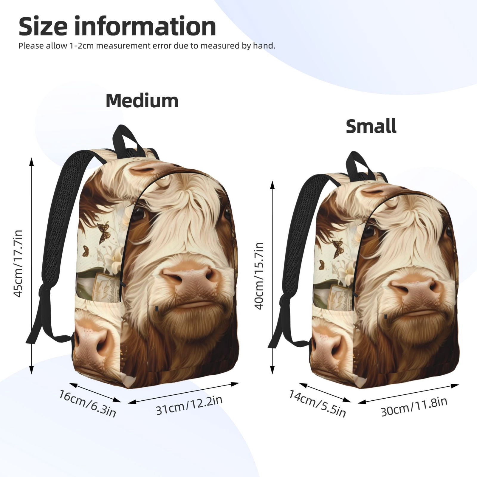 Picia Butterfly Cow Barrel Printed Canvas Daypack - Stylish and Durable Vintage Compact Backpack - Class, Work, Travel, or Laptop Bookbag,Organized Compartments-Small