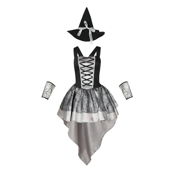 FYEGRE Halloween Mesh Sling Witch Attire for Women Elegant Gathering Performance Outfit Courtly Style Design Silver XL