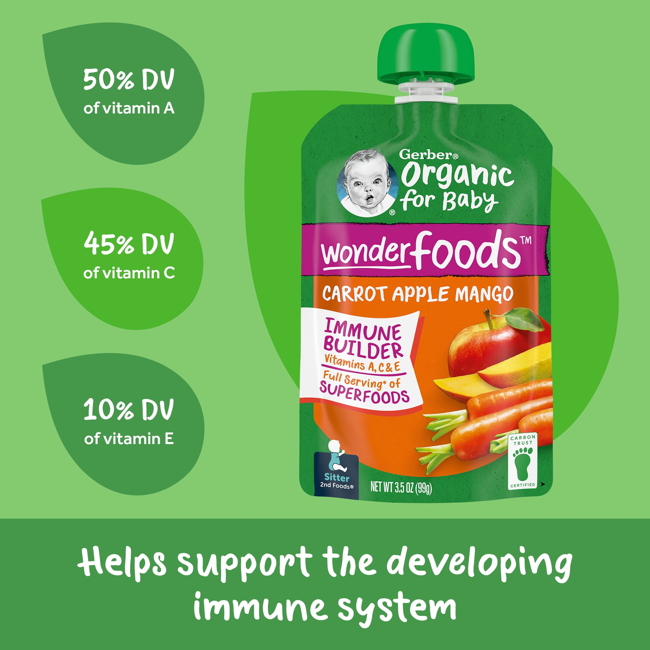 Gerber Organic Stage 2 Baby Food Puree, Carrot Apple Mango, 3.5 oz Pouches
