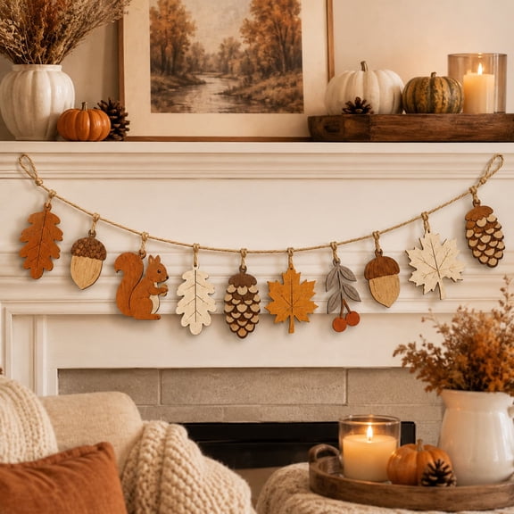 SLYNSHome Autumn Wooden Garland Banner, Wood Maple Leaf Pinecone Bunting, Fall Harvest Hanging Decor For Mantel Wall Indoor Thanksgiving Season Home Party Decoration