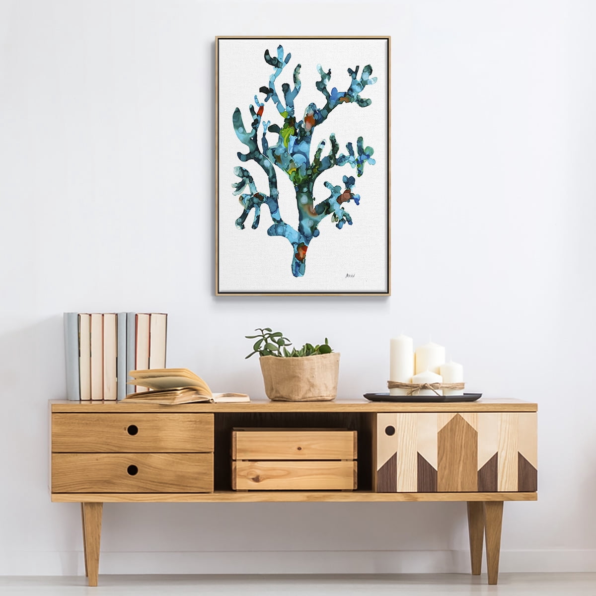 Sea Coral I Framed Premium Gallery Wrapped Canvas - Ready to Hang - 27 x 41 - Natural Wood Floating Frame