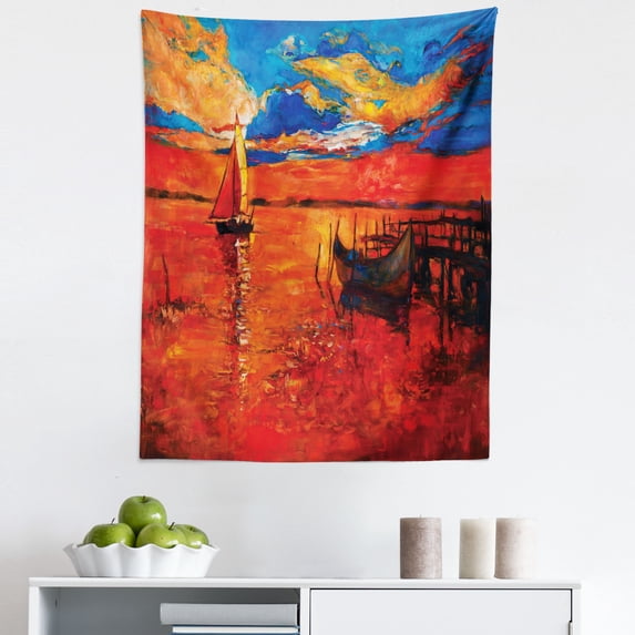 Beach Tapestry, Boats Sailing Old Jetty Vermilion Ocean Sunset Reflections Print, Fabric Wall Hanging Decor for Bedroom Living Room Dorm, 5 Sizes, Scarlet Azure Blue and Brown, by Ambesonne