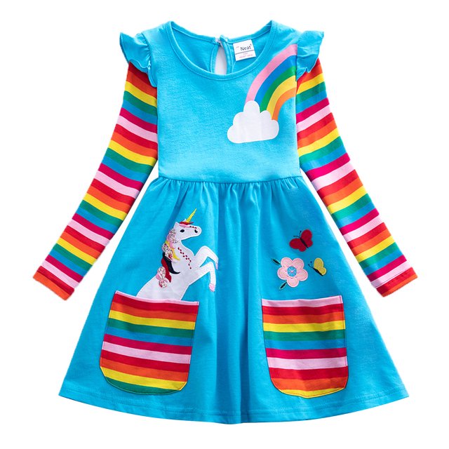 AAMILIFE Unicorn Robe d'Automne à Manches Longues pour Filles Nouvelle Robe en Coton Brodée pour Enfants Robe à Fleurs Col Rond