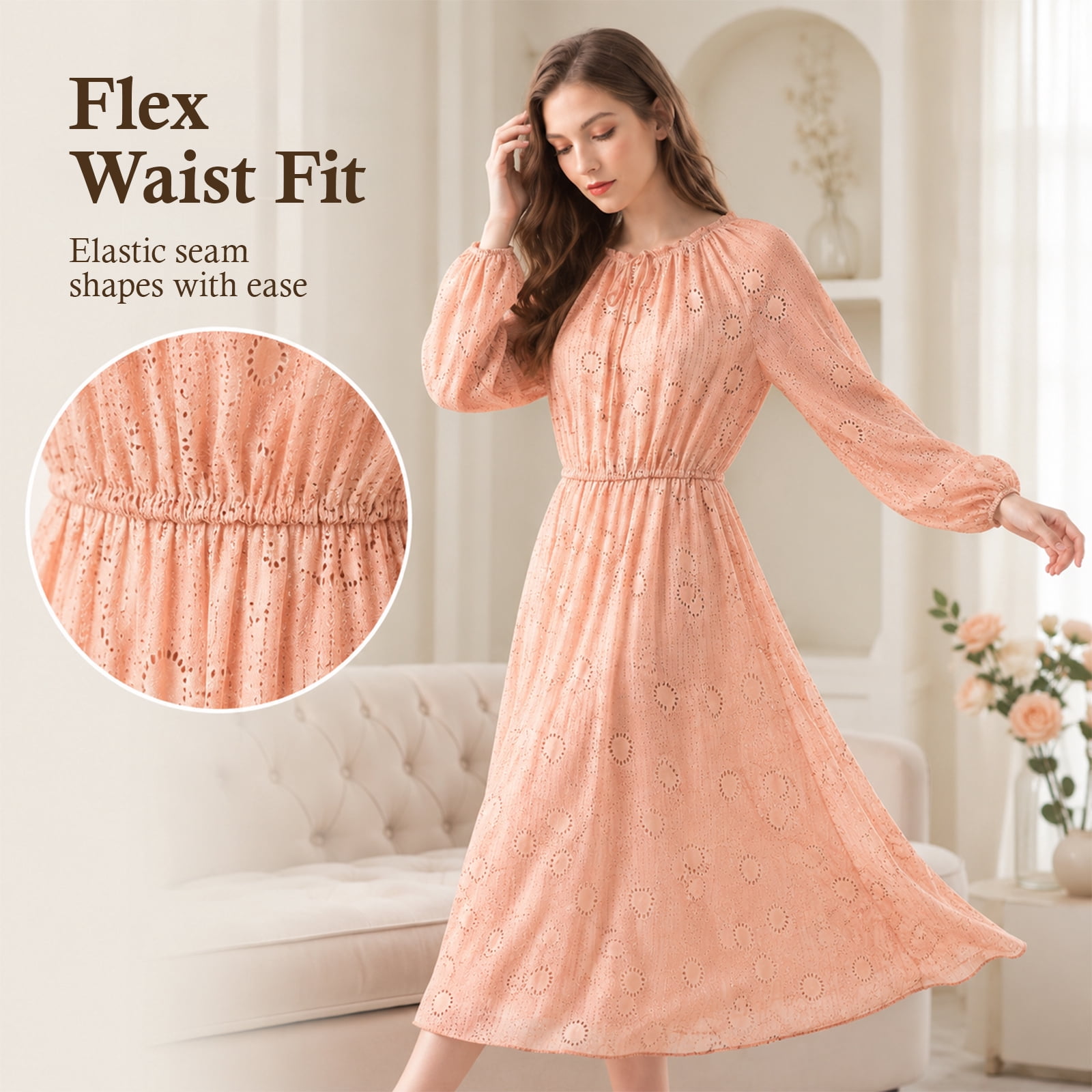 Alvantor Women's Boho Midi Dress, Long Sleeve Smocked Waist, Coral Multi