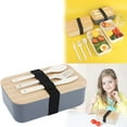 thumbnail image 2 of Miyuadkai Japanese Style Bamboo Wooden Lid Food Storage Box Gray 2, Box Lunch Box Japanese 2 Layer Food Container with Cutlery Spoon and Fork Divided Salad Box for Men and Women, 2 of 5