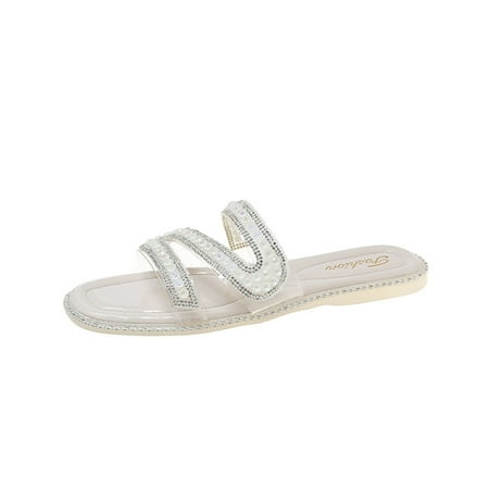 

Youmylove Women Slide Slippers Fashion Spring Summer Rhinestone Transparent Belt Soft Bottom Comfortable Flat Bottom Comfort Cozy Leisure Daily Walking